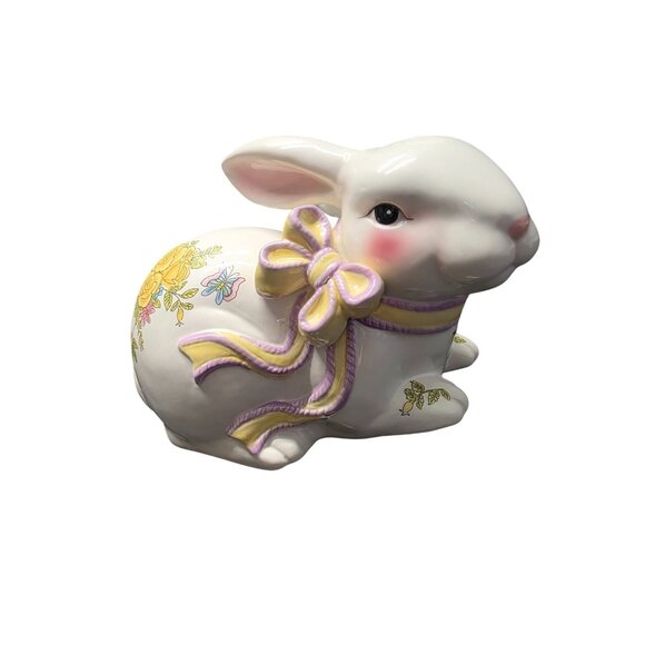 Large Ceramic Bunny Figurine With Floral & Bow Details - Picture 7 of 10